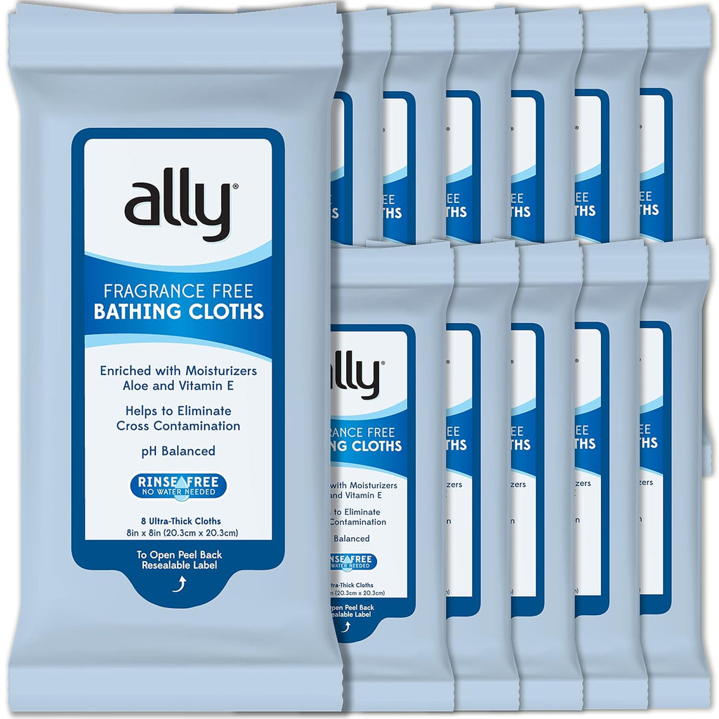 Ally Ultra-Thick Body Wipes with Aloe - No Rinse, Fragrance Free Bathing Wipes - 20 Pack