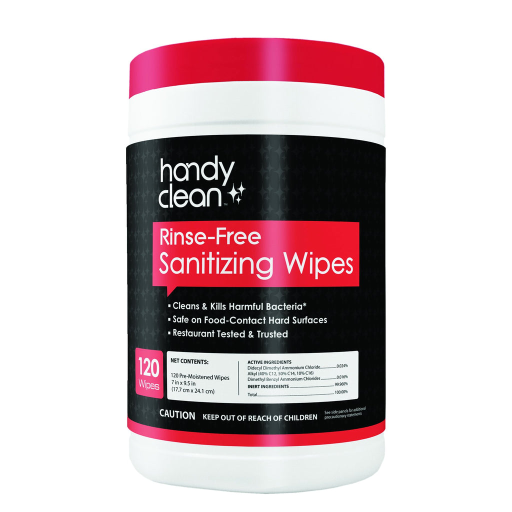 Handyclean™  
Rinse-Free Sanitizing Wipes
Canister 
Food Contact Surface Safe
EPA Reg. No. 1839-221-74058   120 wipes/Canister (720/case)